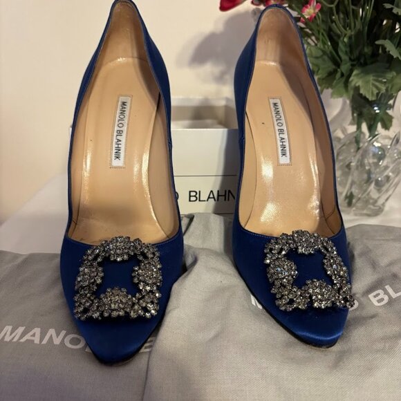 Manolo Blahnik Shoes - Manolo Blahnik Hangisi Jeweled Heel Blue Satin Pump Shoes - size 8.5